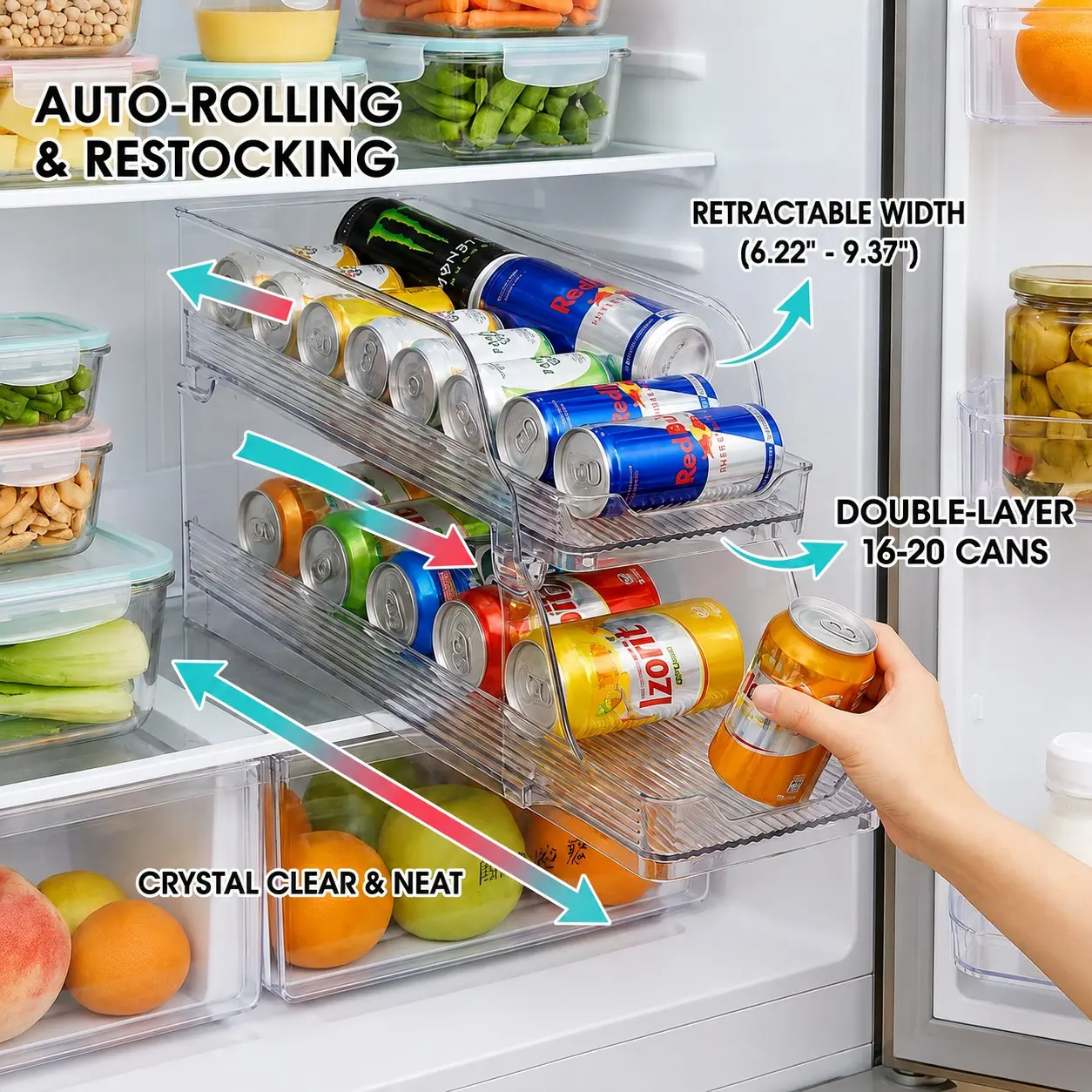 Adjustable Refrigerator Automatic Can Rolling Beverage Rack, Space-Saving Design for Easy Access, Perfect for Home Use