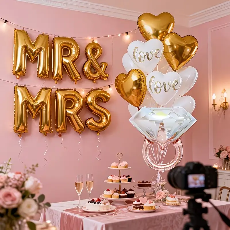 18pcs Wedding and Proposal Foil Balloon Set, Including Golden "MR & MRS" Letter Balloons, Engagement Ring-shaped Balloons, and More. Perfect for Valentine's Day, Weddings, Proposals, Bridal Showers, and Engagement Parties.