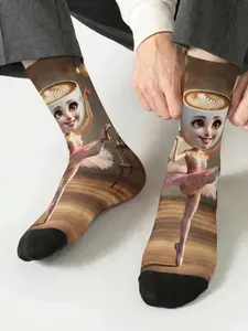 1 Pair BIIHUDU Men's Italian Brainrot Socks — Colorful “Ballerina Cappuccina” Cappuccino Ballerina Print Socks, Mid-Calf Socks: Cartoon, Cute, Soft, Breathable, Fashionable, Casual, Streetwear, All-Over Print Design, Novelty Socks