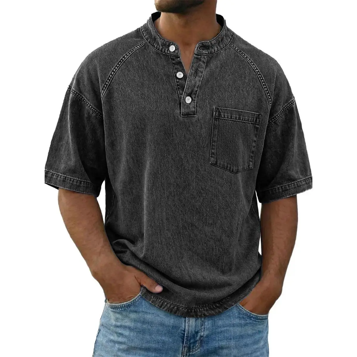 2026 Cross-border Spring/Summer Men's Slim-Fit Shortleeve Henley T-Shirt - Distressed Washed Plain Cotton Casual Pullover Clothes, Beige Menswear Top, Streetwear, Shortsleeve