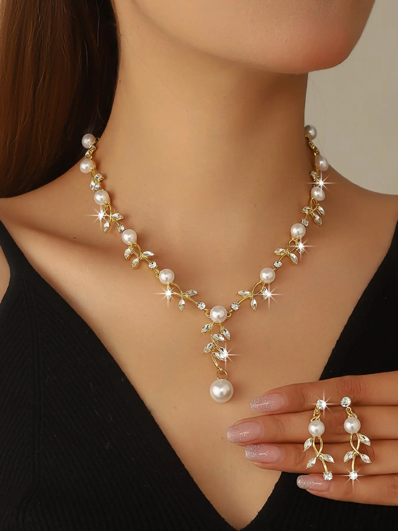 Wedding Cubic Zirconia Jewelry Set, Imitation Pearl Leaf Pendant, Party Necklace and Earrings, Perfect for Bridesmaids and Bride