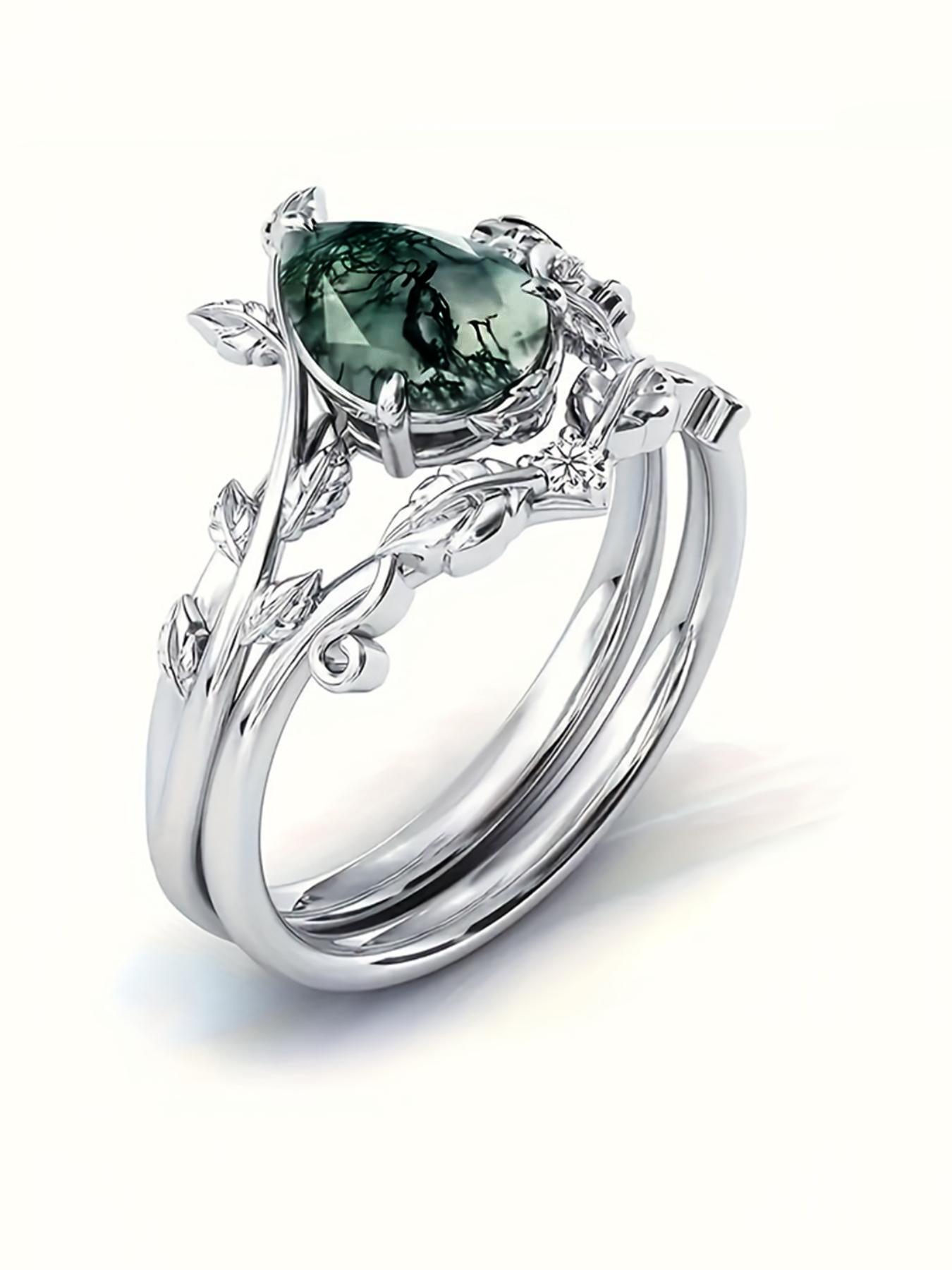 S925 Sterling Silver Natural Grass Agate Ring Set, with Box, Fashion Accessories for Women & Men, Statement Ring, Trendy All-match & Exquisite Jewelry for Birthday Gift, Bridal Engagement Ring, Wedding Engagement Ring