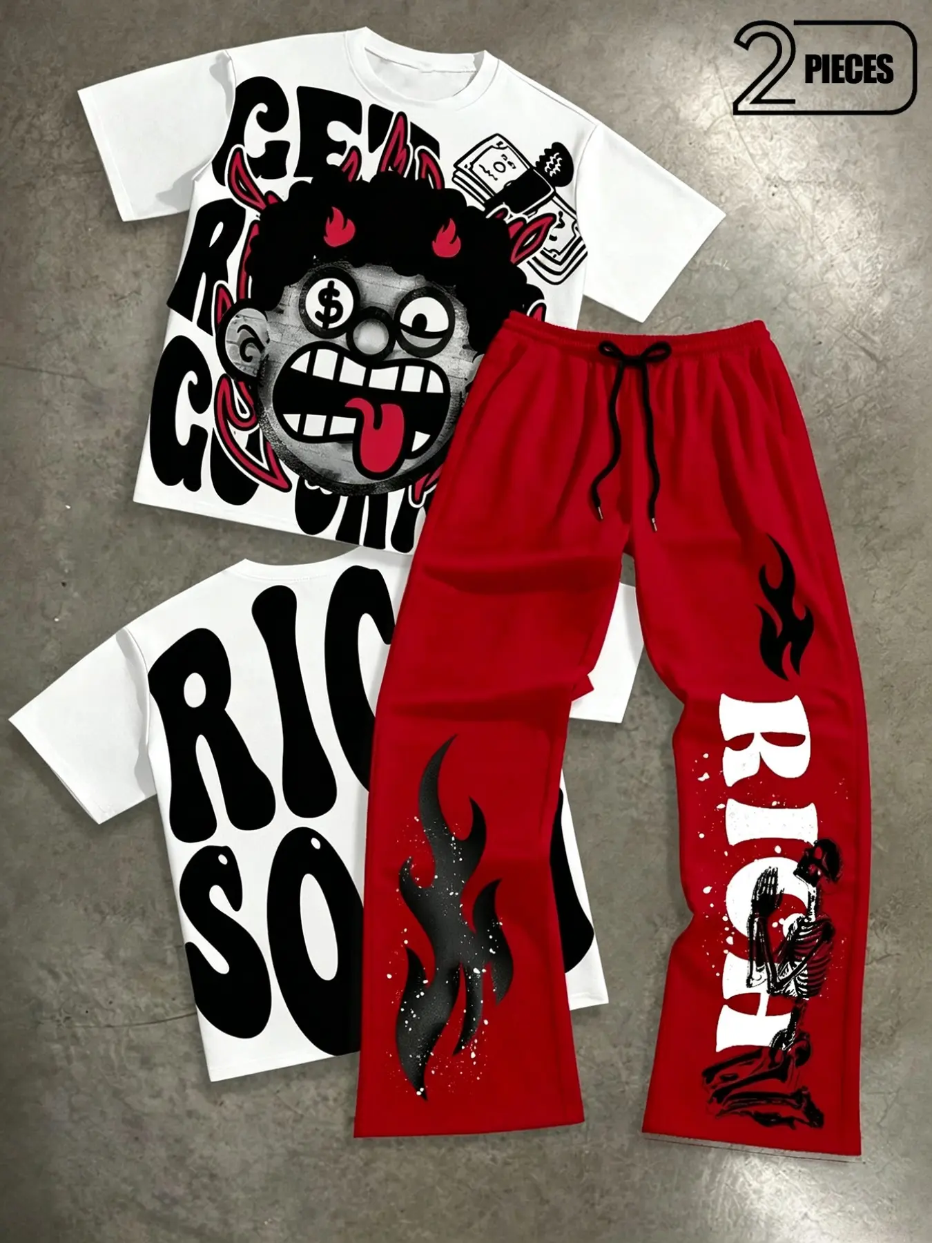 Breathable T-Shirt Set with Soft Knit Sweatpants, Rich Quote, Devil Eye Pattern, Flame Design, Skull Print, Elastic Waist, Teen Summer