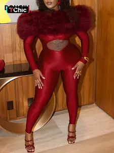 DOUCIU Party Bar Nightclub Cocktail Social Trend Street Personality Sexy Hot Women'S Thin Solid Color Alien Plush One Shoulder Long-Sleeved Jumpsuit