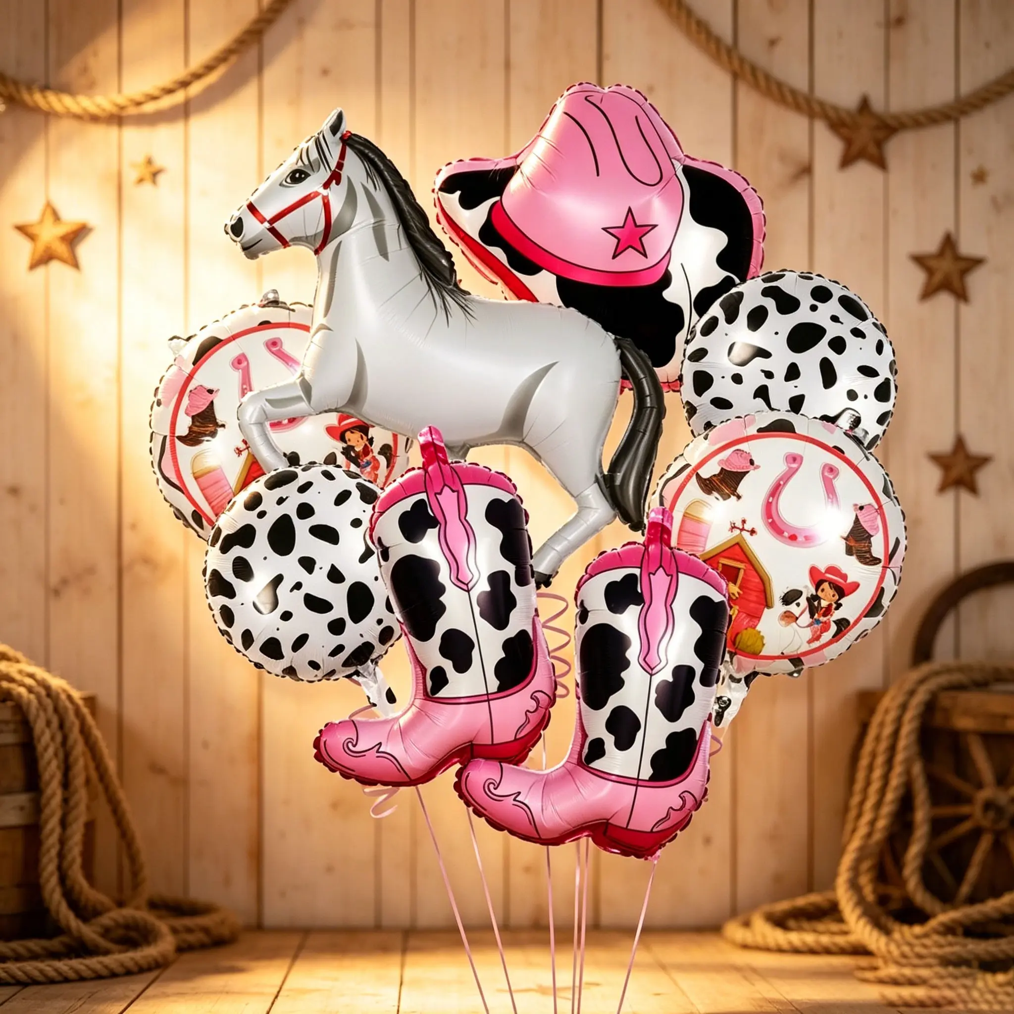 10-Piece Western Cowboy Balloon Set, Balloon Decorations Kit, Includes Horse, Boots, Hat, Cow Print Balls, Suitable for Western cowboy-themed birthdays, pink ranch-style parties, retro American parties, Farm-Themed Activity Decorations