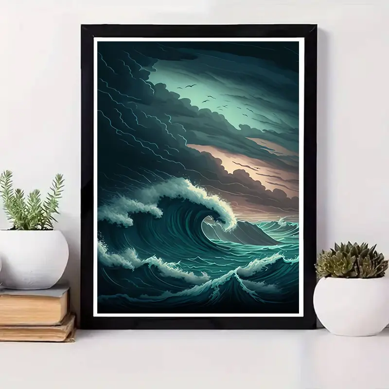One 2D flat frameless hand-made DIY diamond painting set, realistic oil painting style shocking sea wave storm scene, deep blue huge waves rolling, clear cloud layers, suitable for home living room bedroom wall decoration and art lovers collection.