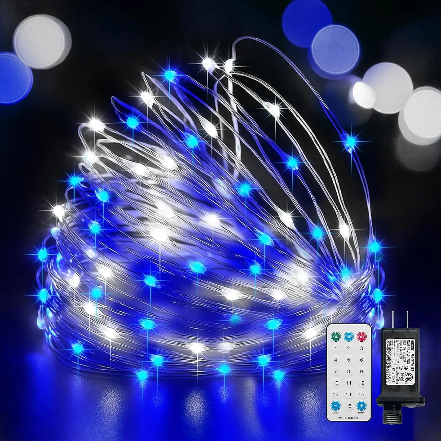 Fairy Lights Plug in, 33Ft 100 LEDs  Twinkle  Lights, Adaptor Included,  String Lights for Wedding Indoor Outdoor Christmas Patio Garden Decoration, Blue and White