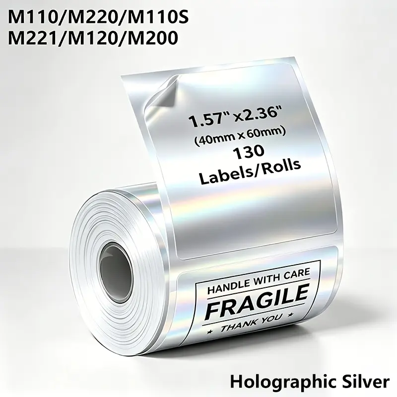 1 roll 40x60mm adhesive labels - clear/holographic square, thermal paper for Phomemo M110/M220/M221/M200. For barcodes, signs, sticky notes, festivals, birthdays, gifts, souvenirs, and packaging. Label Stickers