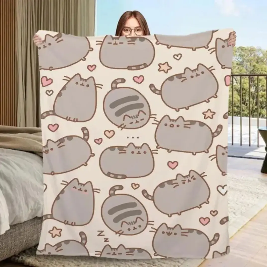 Pusheen Cat Cartoon Theme 1-Piece Plush Throw Blanket - Ultra Soft Skin-Friendly Flannel Fabric, Adorable Kawaii Design, Multi-Purpose for Indoors-Outdoors Use, Ideal Gift for Anime Fans, Cozy Companion for Adults
