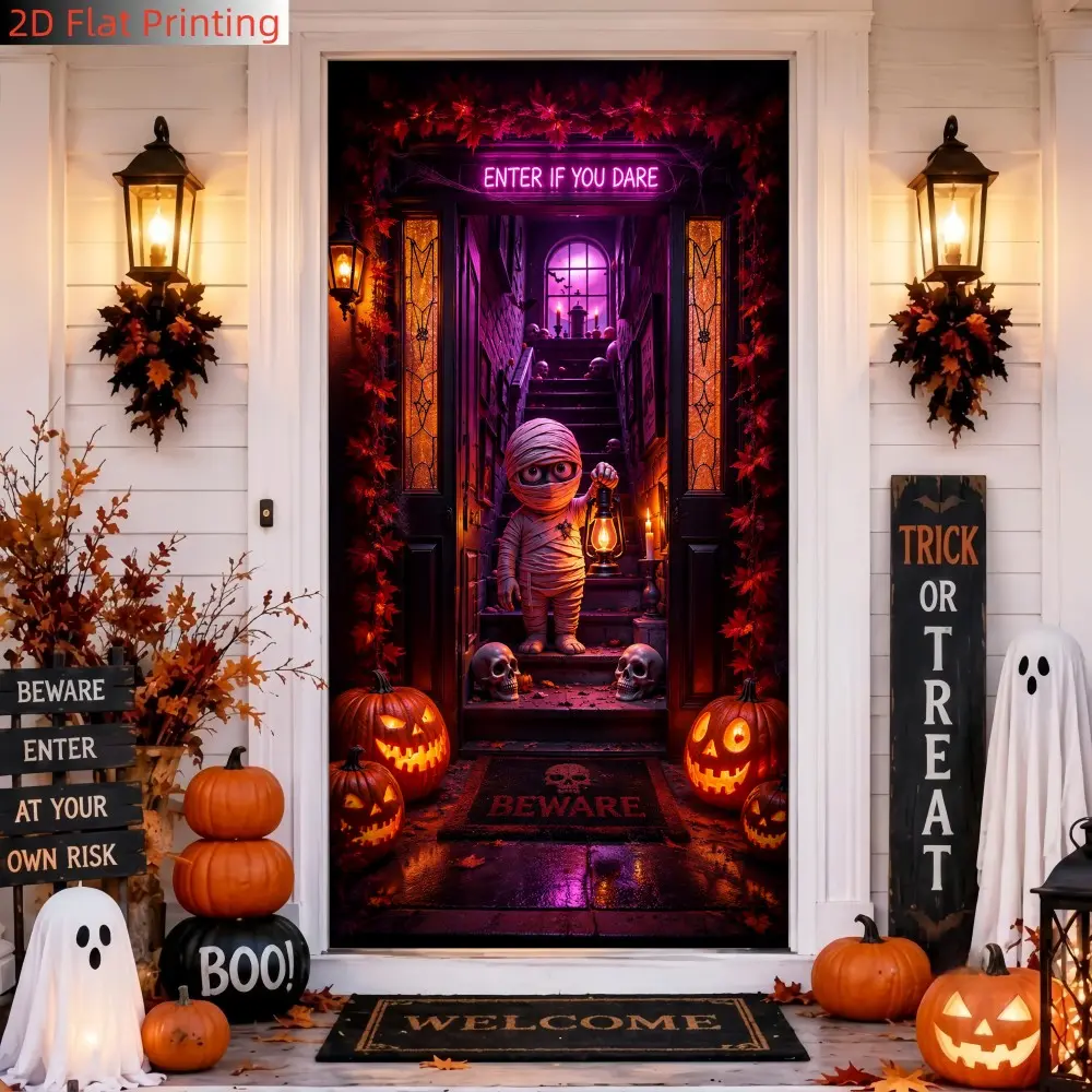 2D flat 1pc Halloween ghost mummy door curtain hanging cloth, dark and spooky neon step printed door cover, suitable for Halloween theme party background wall, home interior spooky atmosphere decoration, courtyard door welcome banner, polyester material