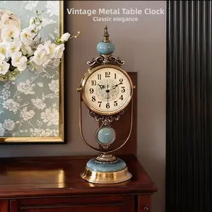 Vintage Retro Metal Table Clock, Silent Battery Powered Antique Pendulum Clock, Gold & Brown Decorative Mantel Clock, Battery Operated Clock, Analog Clock