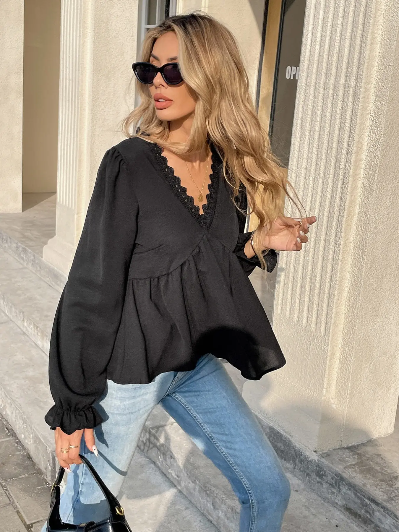 Women's Solid Color Long Sleeve V-Neck Ruffle Casual Feminine Blouse, Winter Blue, Spring Autumn, Loose-Fitting, All Seasons, Tops
