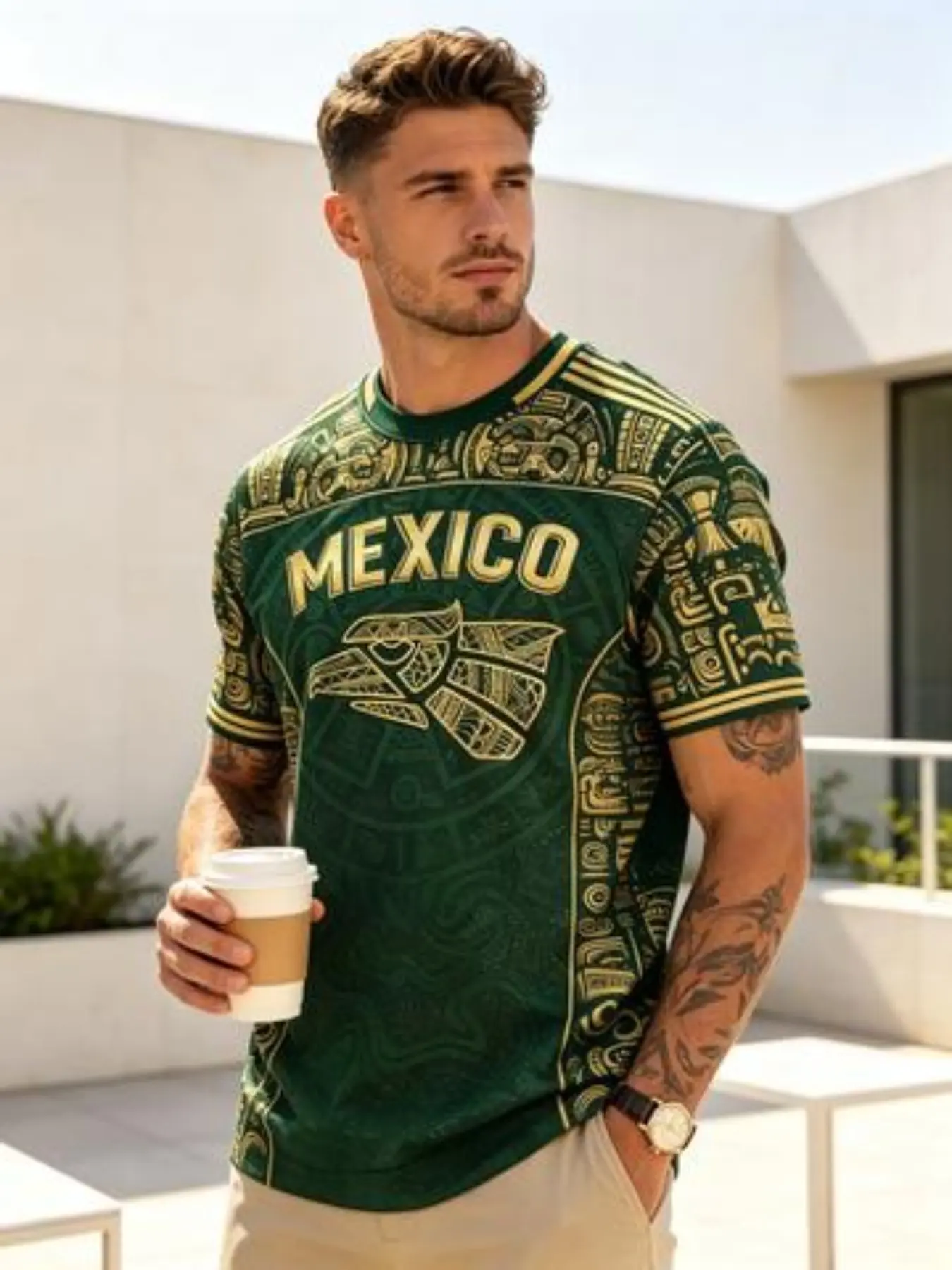 Trendy Mayan Totem Eagle Emblem Men's T-Shirt, Summer Round Neck Basic, Luxurious Style, Casual Commute Wear, Sporty Design