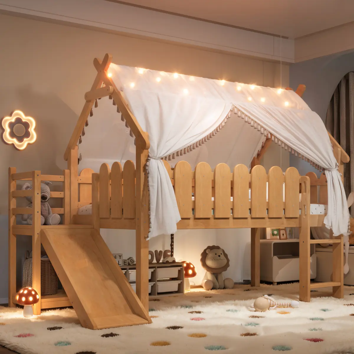 [Bellemave] Twin/Full House Loft Bed with Stairs and Lights, Low Loft Bed with Storage Shelves, Round Shape Safety Guardrails, Childlike House Shape Design