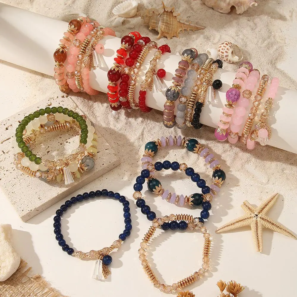 4Pcs Bohemia Stackable Beaded Bracelets Set Multilayer Colorful Crystal Stone Gold Beaded Stretch Bracelets Hawaii Charm Bracelet for Women Men Travel Summer Beach Boho Vacation Jewelry Gift