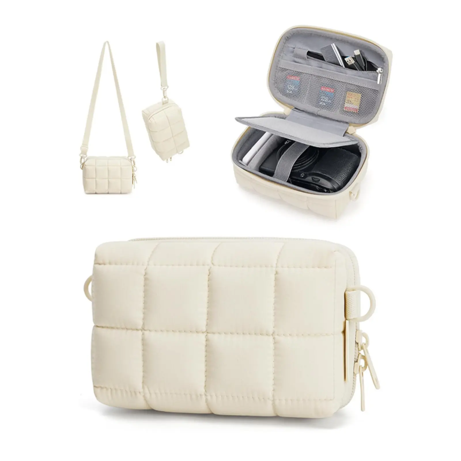 Puffy Quilted Camera Bag with Grid Pattern, Small Crossbody Pouch with Removable Strap, Shockproof Gadget Organizer for Travel Accessories