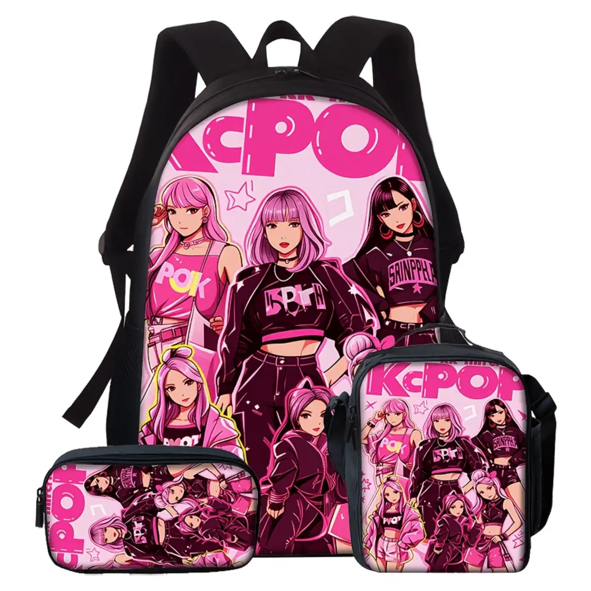 3pcs Casual Backpack Set Anime Fashionable Women'S Team Patterned Backpack Set Fashionable Printed School Bag Including a Large-Capacity Backpack, Clutch Bag, Crossbody Bag, Coin Purse, Multifunctional Light Travel Backpack