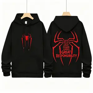 Men's autumn/winter hooded sweatshirt, spider print, drawstring kangaroo pocket, casual street style, comfortable fabric, slim fit printed sweatshirt, street fashion hoodie.