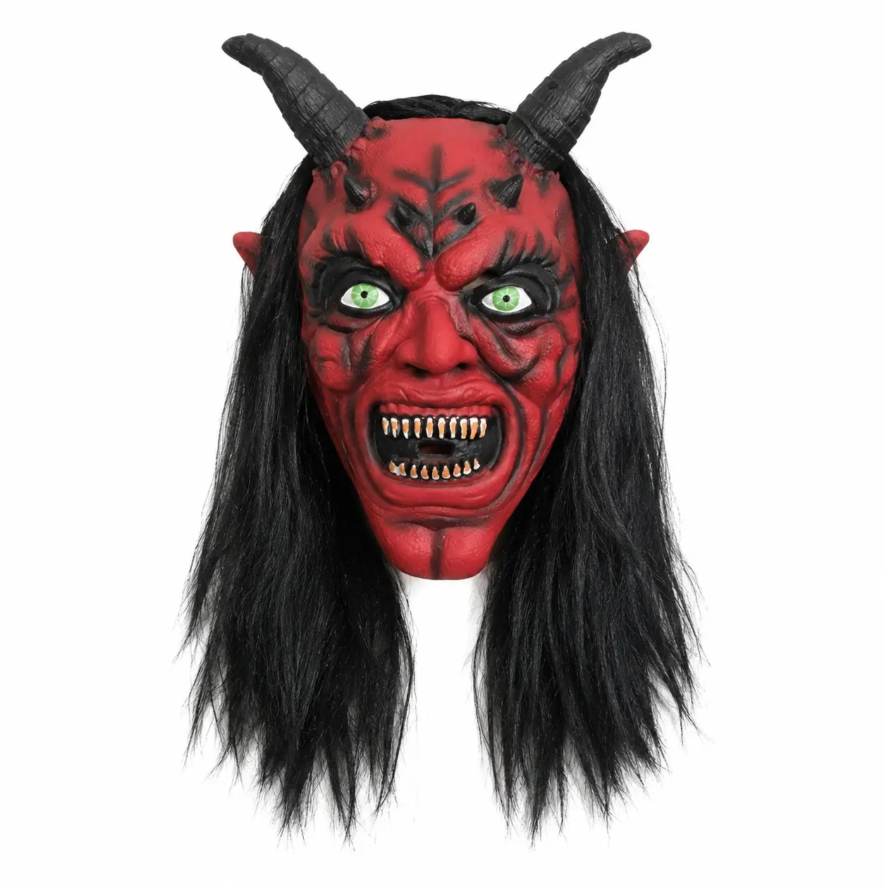 Realistic Devil Mask Halloween, Latex Demon Face Mask with Long Hair and Horns, Cosplay Prop for Horror Party, Escape Room