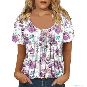 Womens Flowy Tunic Tops Short Sleeve Shirts Round Neck Ladies Blouses Summer Trendy TopAB16BoltCraft