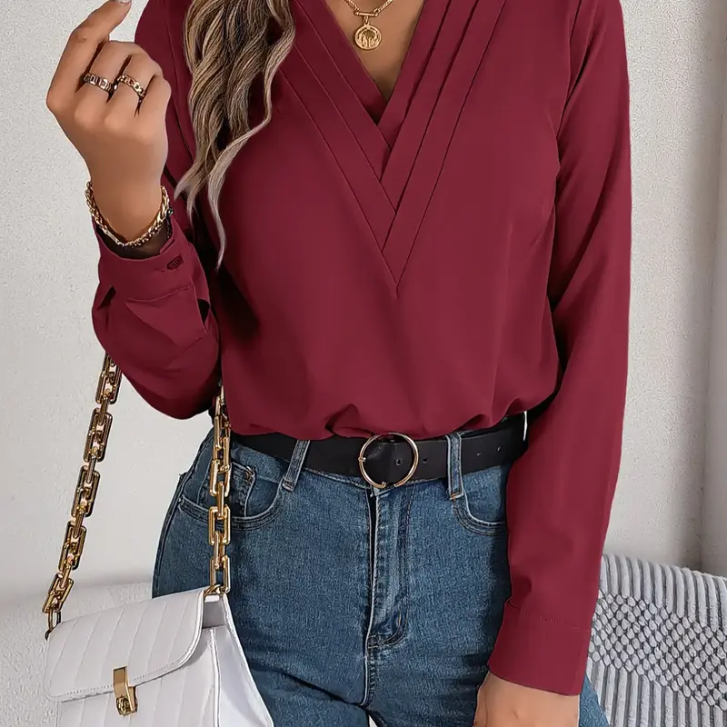 Women's Plain V Neck Blouse Elegant Long Sleeve Shirts Top for Spring & Fall, Ladies Clothes for Daily Wear, Comfort Womenswear, Going Out Tops, Casual Chic Top, Fall Clothes, Elegant Fashion Top