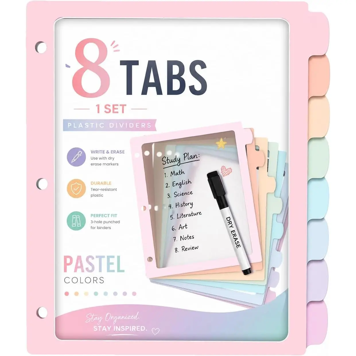 8 Tab Plastic Binder Dividers, 1 Set, Write and Erase Morandi Pastel File Dividers for 3 Ring Binder, Frosted Translucent Center, Large Tabs for School Office  Organization