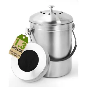 Countertop Compost Bin Kitchen with Lid and 2 Charcoal Filter for Odorless Composting Stainless Steel Kitchen Composter with Soft-Grip Handle Silver, 1.3 Gallon