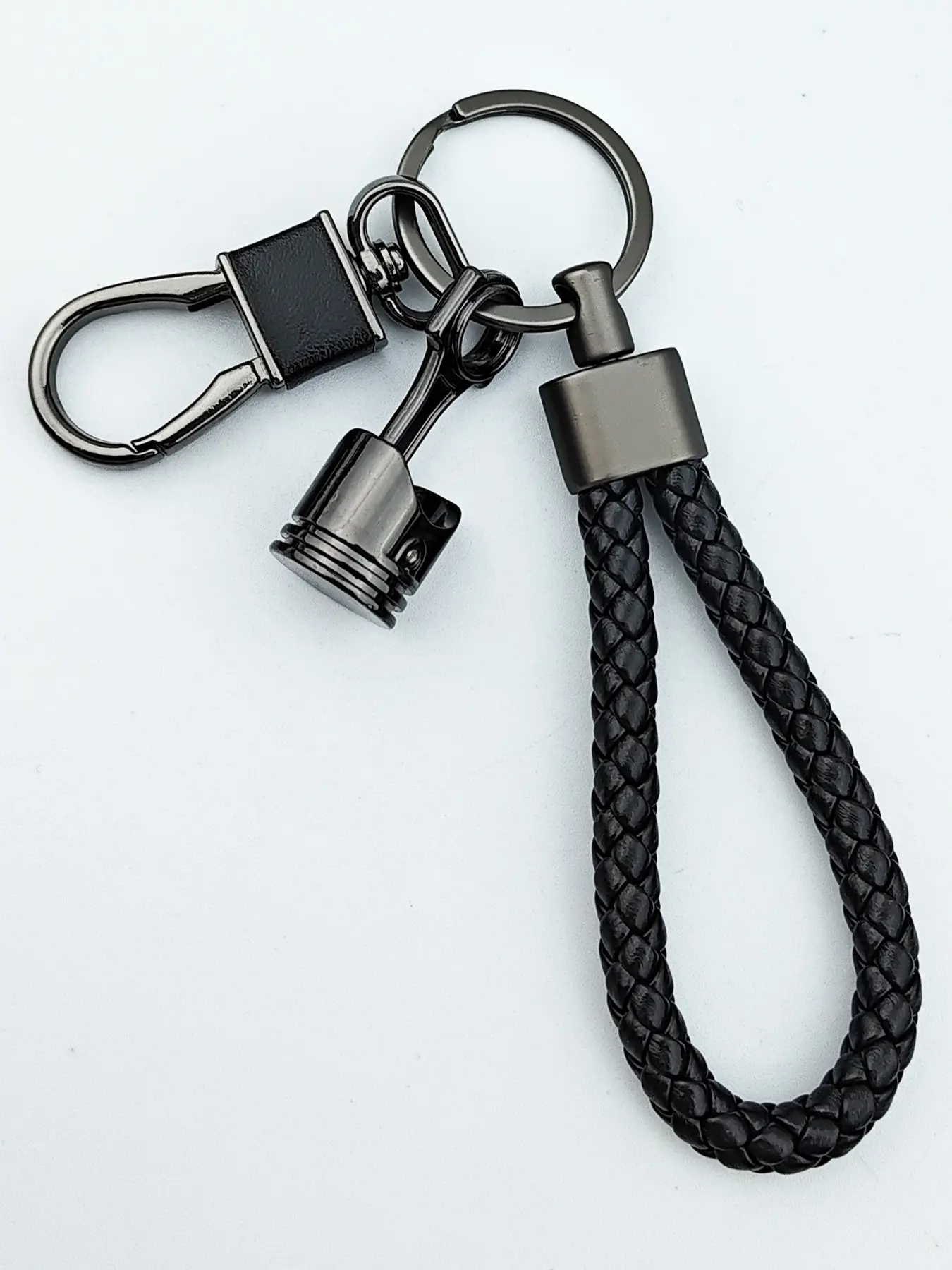 3-In-1 Creative Car Engine Piston Keychain Set, High-Quality Braided Leather Rope, Zinc Alloy Ring, Anti-Loss Car Key Holder, Unisex Gift