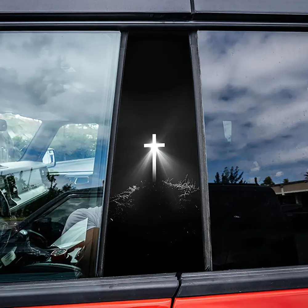 2pcs Black and White Glossy Cross Car Stickers - Self-Adhesive Window Pillar Decals, Durable, Easy to Remove, Waterproof, Reflective Decorative Stickers, High-Contrast Design, Suitable for Cars, Walls, and Windows Car Decals