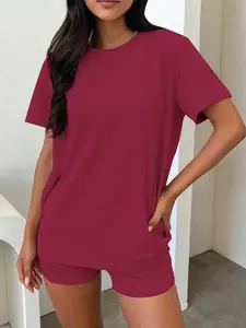 Urban Minimalist Pajamas Set: Stretchy Solid Color Top & Fitted Shorts | Effortless Chic Loungewear for Home & Gym