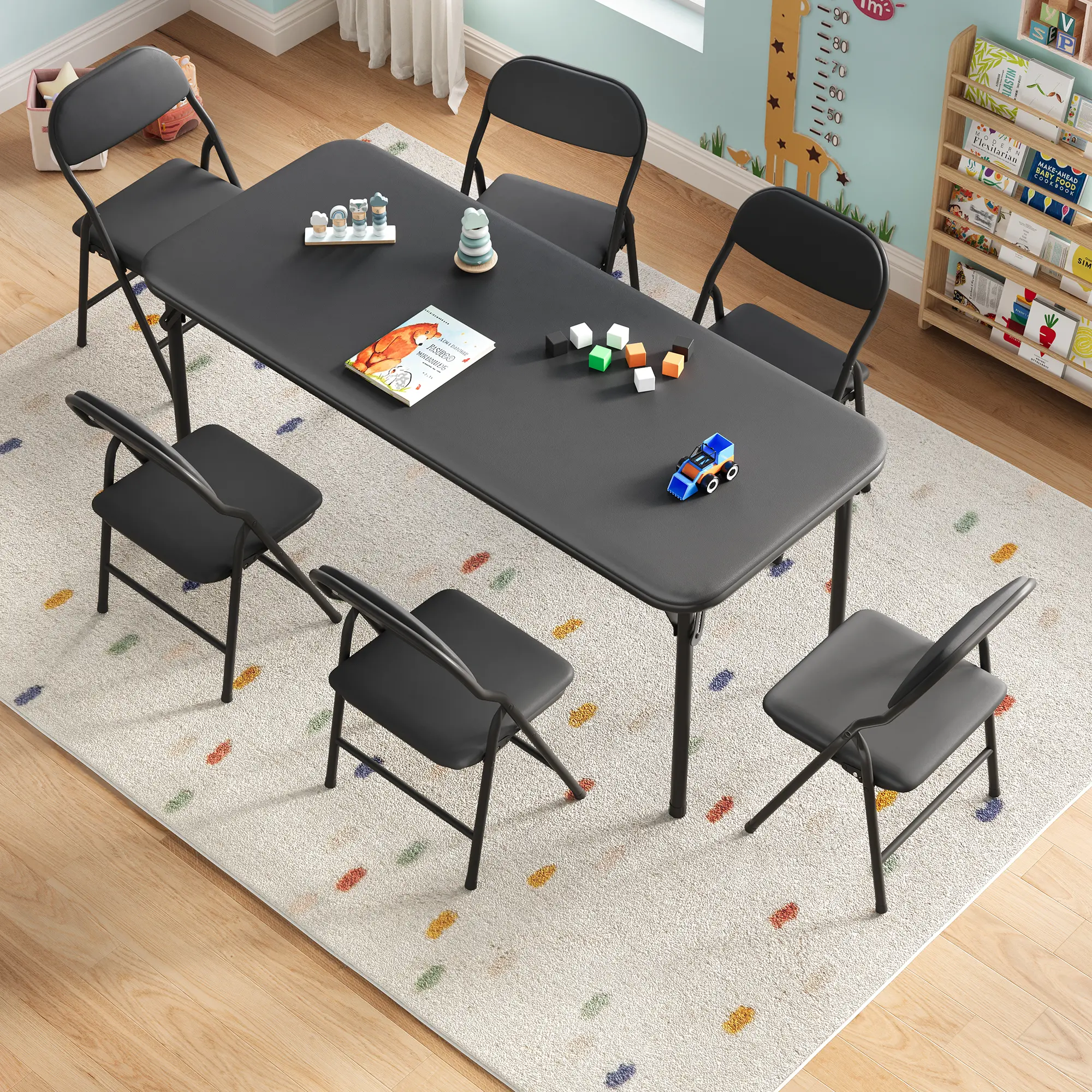 Children’s Folding Table Set with 6 Chairs – 7-Piece Space-Saving Kids Furniture for Reading, Homework, Arts & Crafts, Dining and Group Activities, Durable Easy-Maintenance Design for Home or Daycare