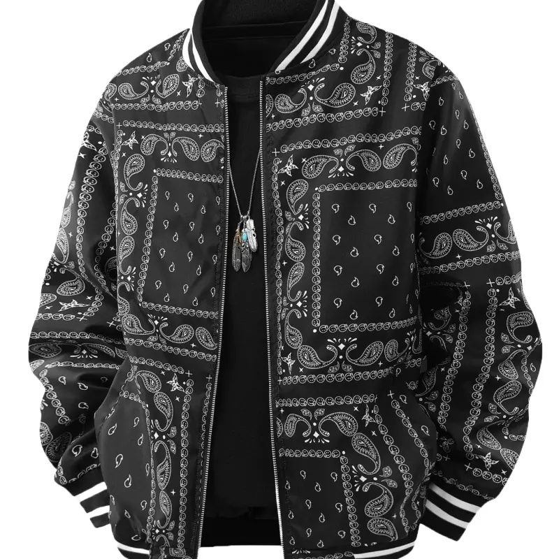 Men's Bandana Paisley Print Varsity Jacket Baseball Bomber Striped Ribbed Collar Full Zip Coat Casual Outerwear Streetwear  Fashion Clothing Apparel cozy soft cool clean chic active sporty casual premium classic stylish  Long Sleeve Love Menswear