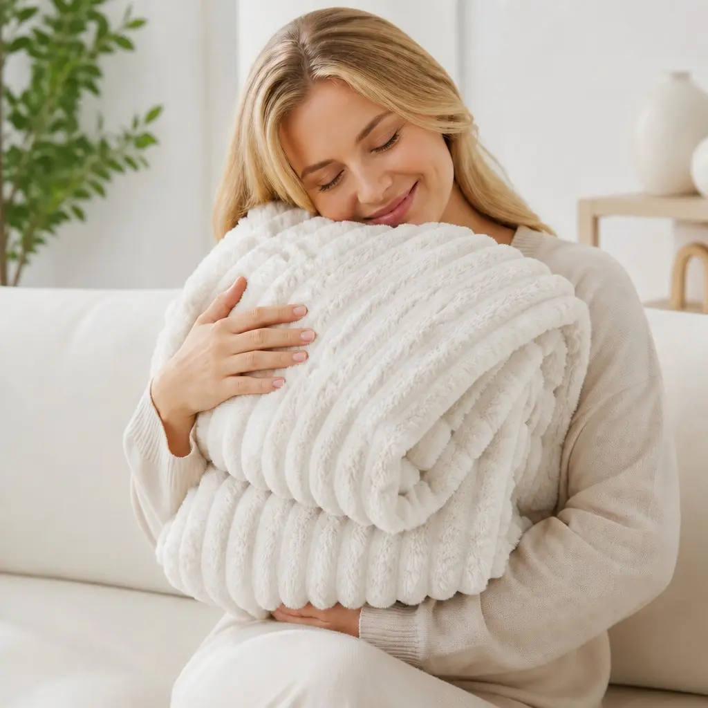 Luxurious Ultra-Soft Twin Blanket, Fluffy Plush Throw with Stretch Stripes, Cozy Blankets for Living Room, Bedroom and Travel in All Four Seasons, Fuzzy Soft Blanket
