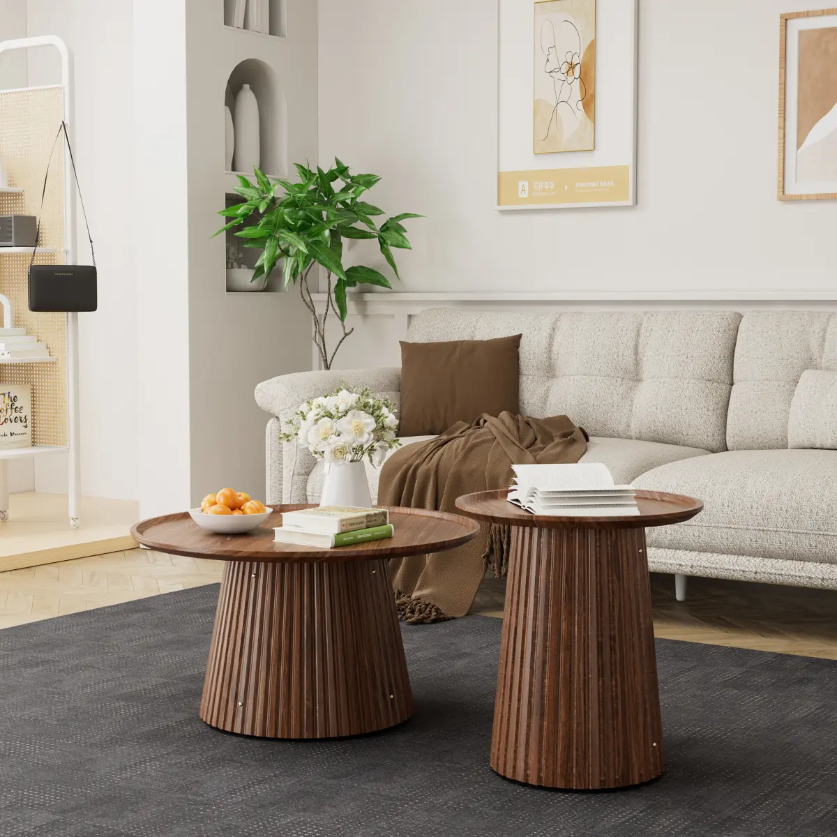 Fahuac 2-Piece Walnut Finish Round Pedestal Coffee Tables - Tiered Nesting Design, Adjustable, for Living Room/Bedroom/Balconies, Assembly Required