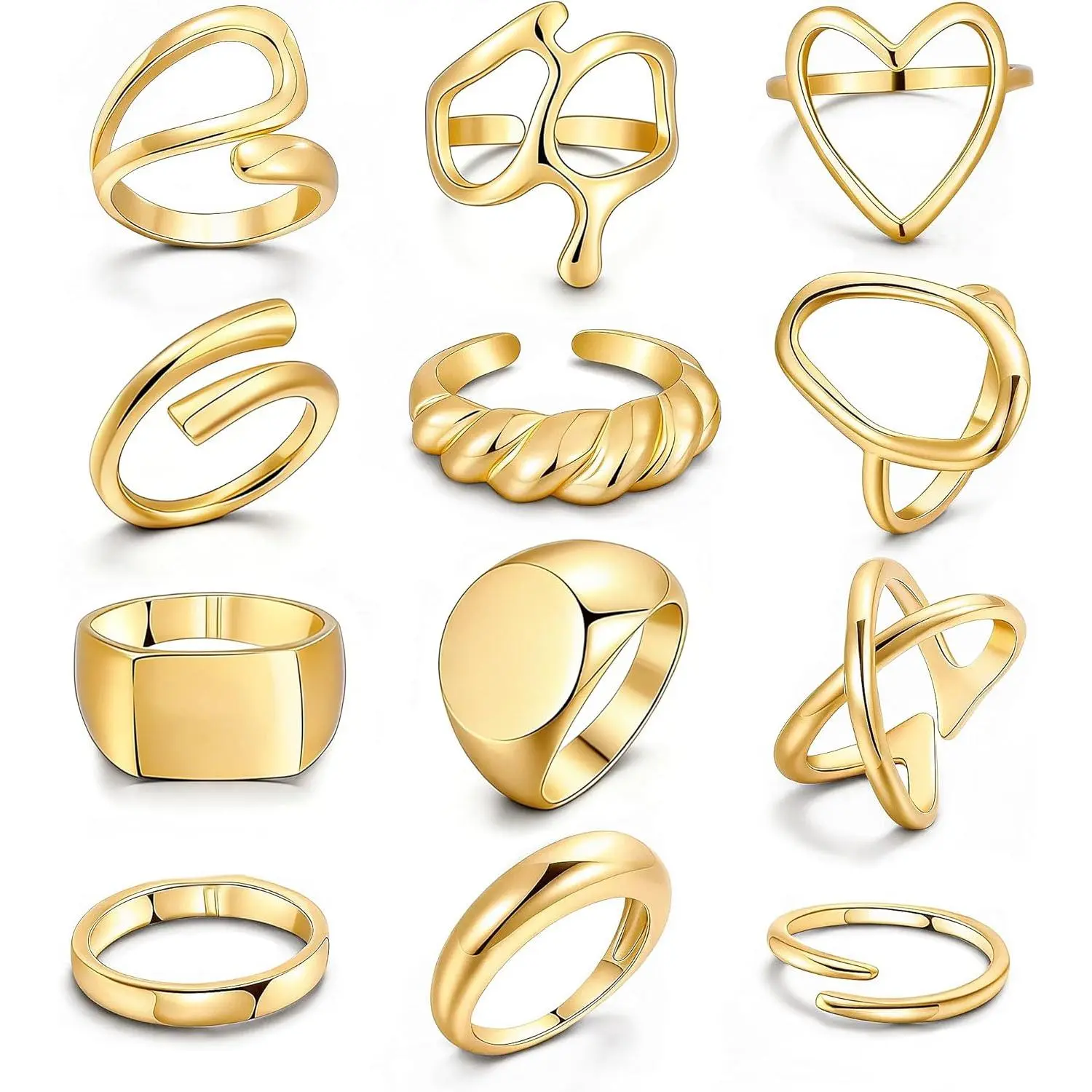 12PCS Gold Stackable Rings Set for Women, 18K Gold Plated Open Stacking Knuckle Ring, Adjustable Chunky Signet Band Statement Ring for Gift