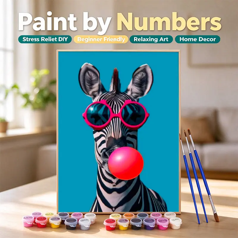 Paint by Numbers Kit - Cool Zebra with Pink Sunglasses Blowing Bubble, Cyan Background DIY Wall Art, DIY Craft Supplies for Craft Ideas