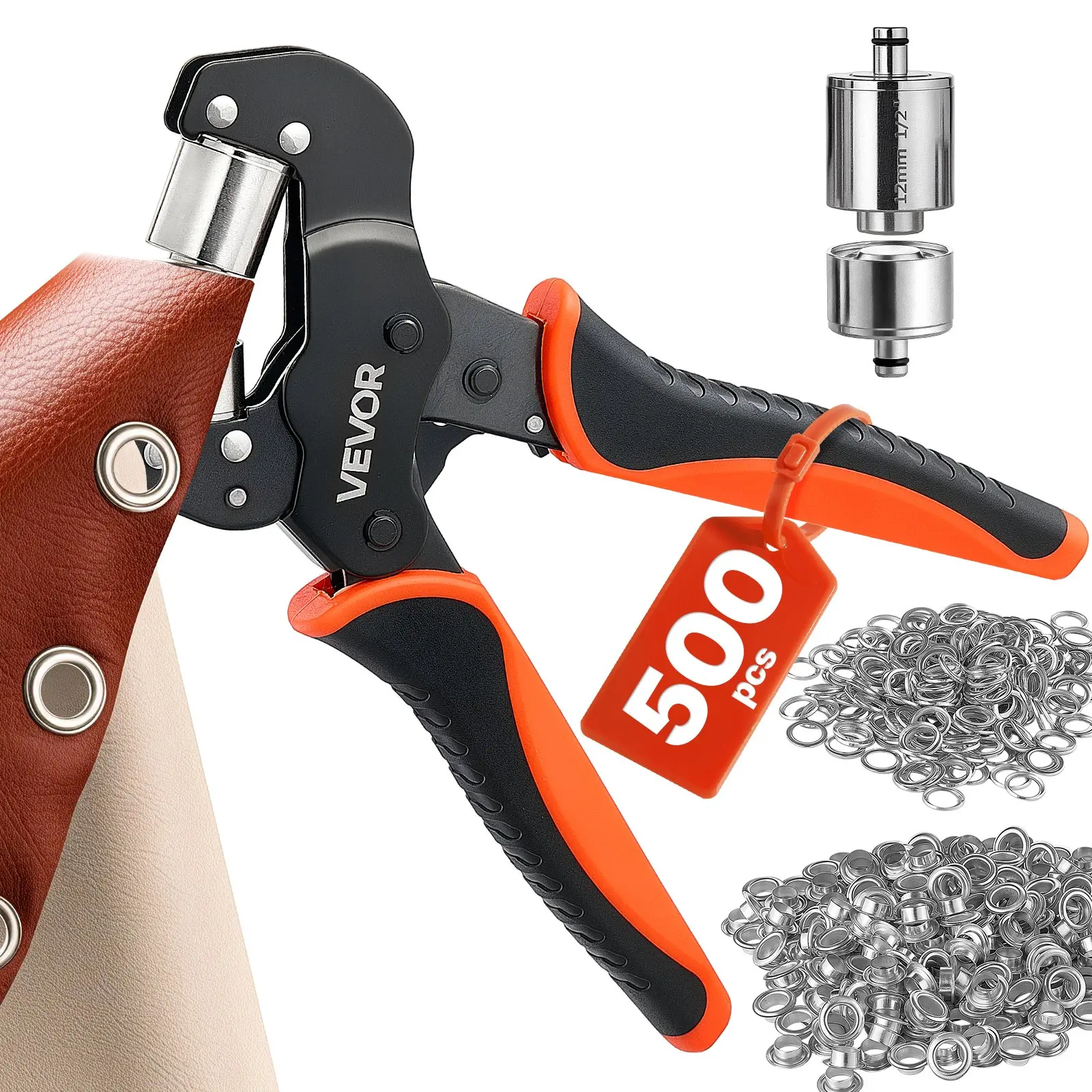 Grommet Tool Kit 1/2" Eyelet Tool Kit with 500 PCS Silver Grommets, with Eyelets and Washers, Manual Grommet Press Pliers, Hole Punch, and Block, for Leather, Tarps, Shoes, Crafts, and Fabric
