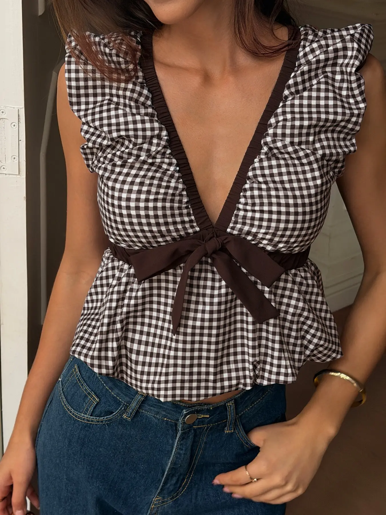 Brown White Gingham, Bohemian Summer Plaid Peplum Top Deep V Neck Ruffle Sleeve Tie Front Belted Ruffle Hem Blouse Babydoll Crop Top Cottagecore Y2K Going Out Summer Casual Streetwear Date Night Boho Ruffle Top Women Top
