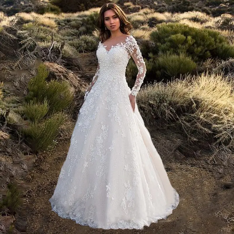 Spring new women's long-sleeved off-shoulder bridal wedding dress bridal gown