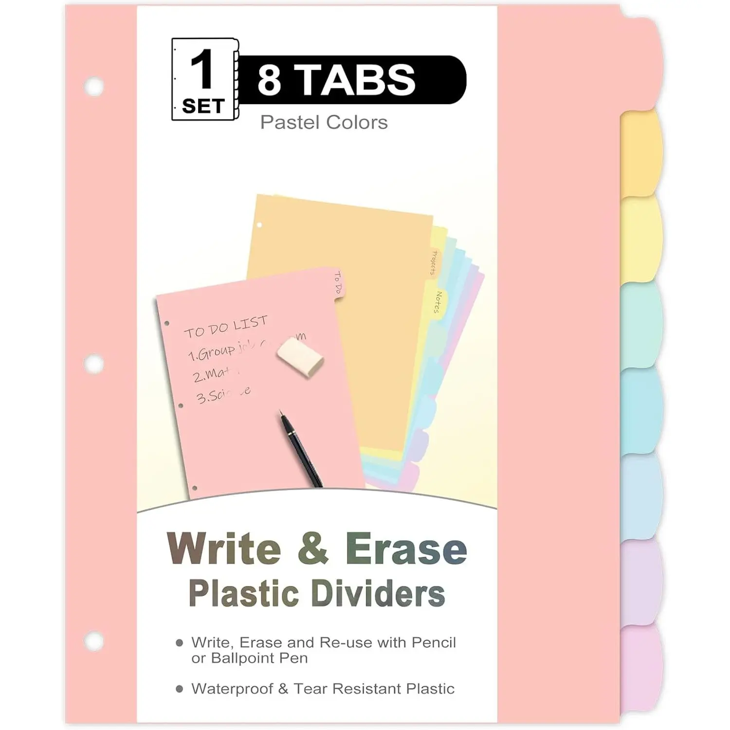8 Count/1 Set Write & Erase Binder Dividers with Tabs, Plastic 8 Tab Dividers for 3 Ring Binder Letter Size, Separators for Student School  Office Document Organizer, Pastel