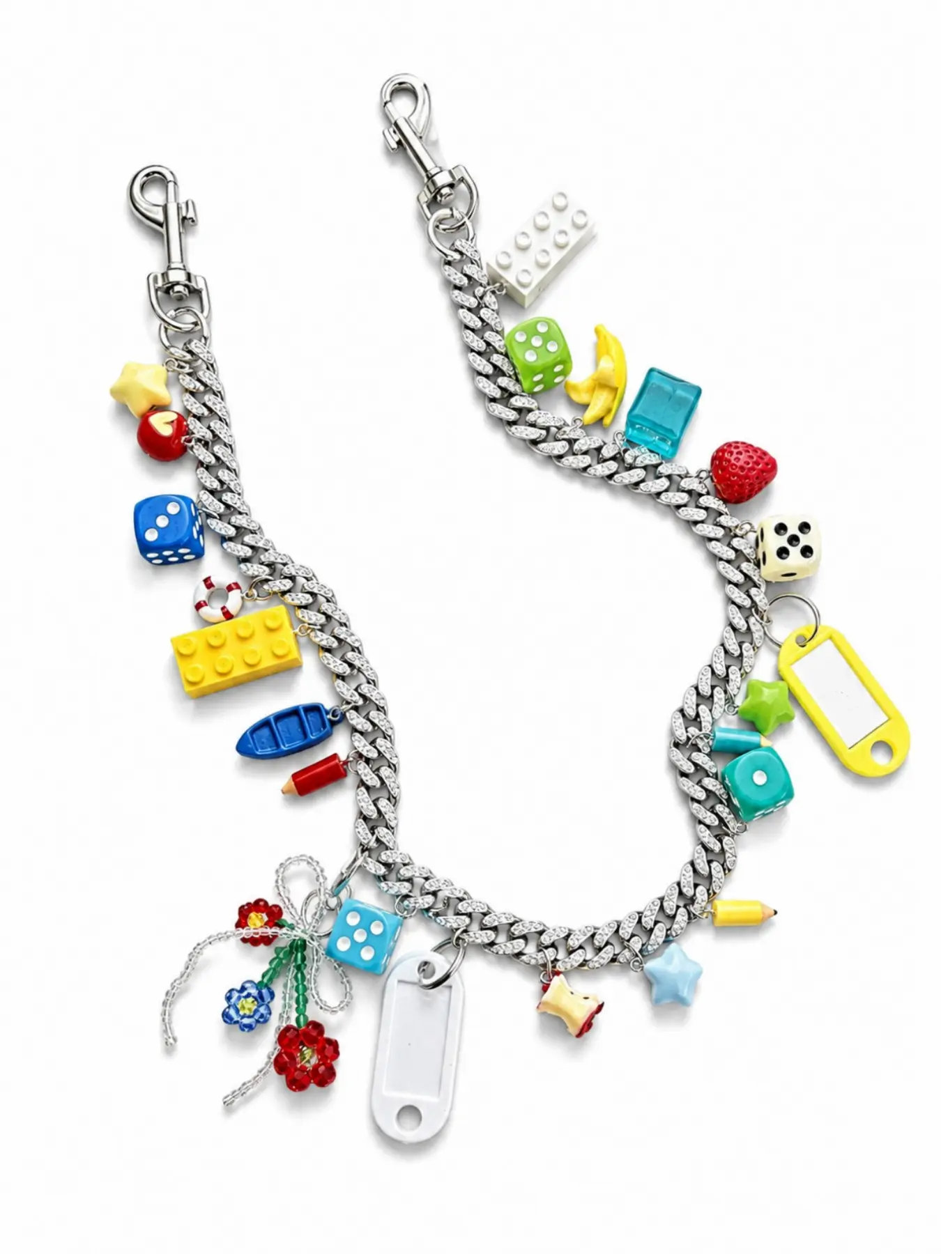 Silver Color Rhinestone Cuban Chain, Multi-Element Dice Block Pencil Cartoon Pendant Bag Charm, Street Style Keychain Accessory, Bling Bling Keychains, Key Charms