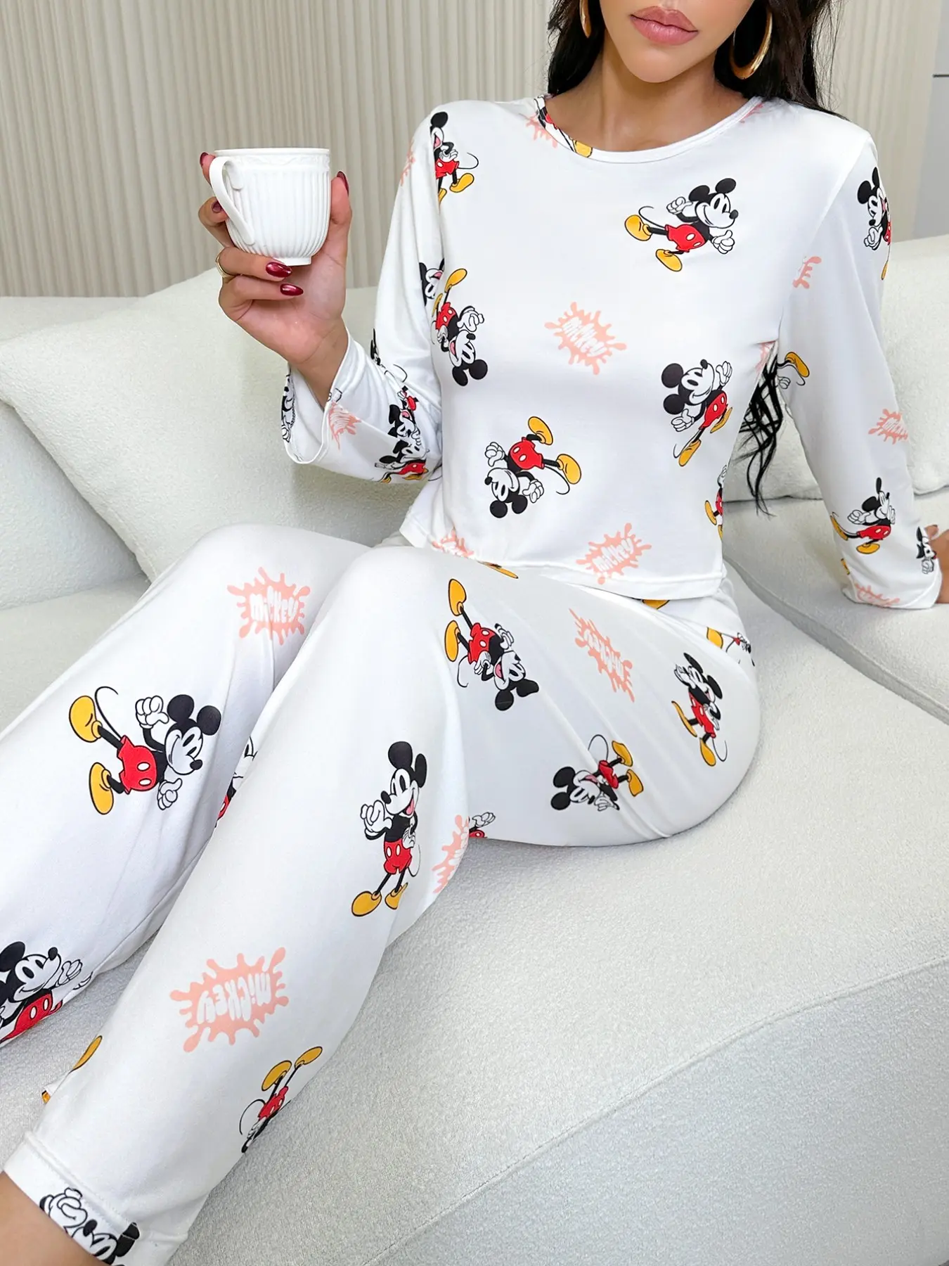 Women's Mickey Mouse Pajama Set, Cute Cartoon Pattern, Long Sleeve Full Print Top and Pants, Comfortable Loose Fit, Spring Summer Sleepwear