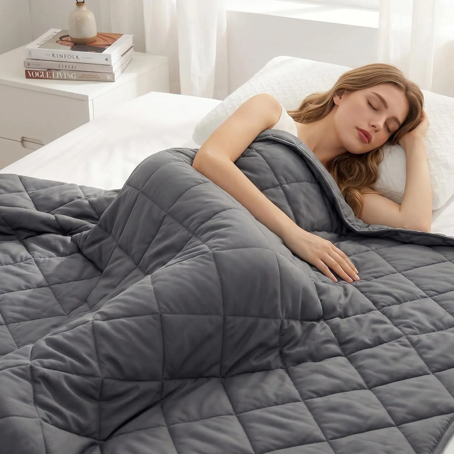 Weighted Blanket for Adults (15 lbs 60" x 80") Queen Size Cooling Heavy Blanket for Sleep, Soft Thick Breathable Cotton with Natural Glass Beads, Washable, All-Season