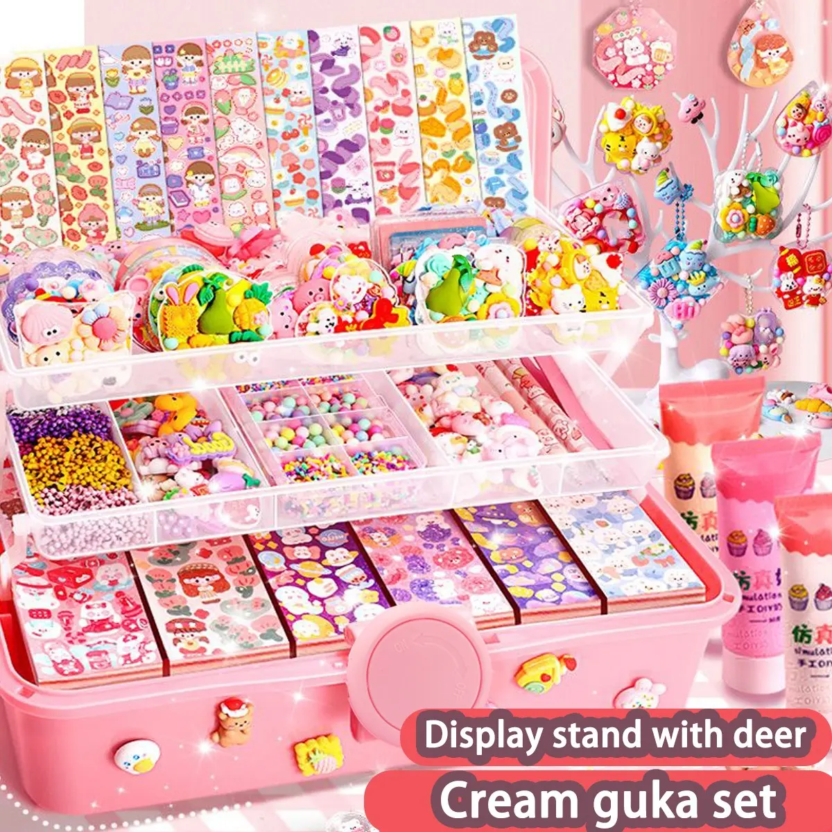 Kids DIY Guka Cream & Sticker Creative Craft Kit | 5-10Y Boys Girls Keychain Gift Box | Pink Purple Birthday New Year Holiday Toy Handmade Crafts