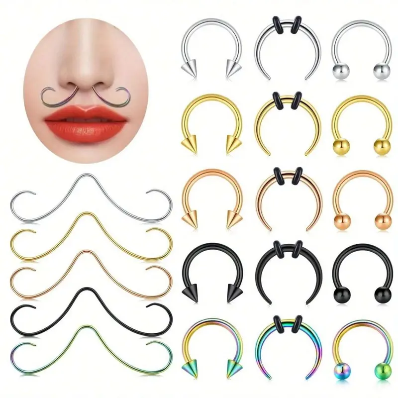 Mustache Septum Ring, 16 Gauge Stainless Steel Septum Jewelry, Plated Precious Metal, All Seasons Party Accessory, Septum Piercing Pincher, Septum Pierced Ring, Piercings Jewelry