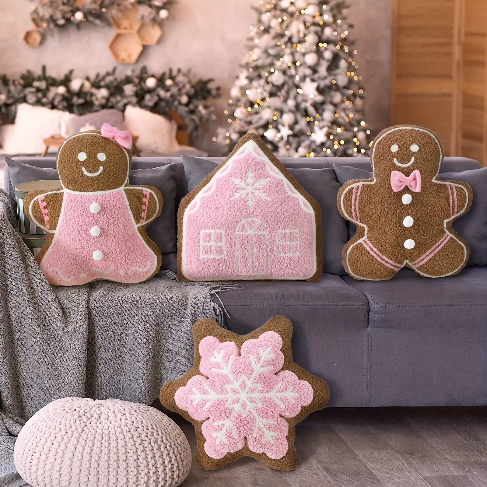 4pcs Christmas Throw Pillows | Plush Gingerbread Men, House, and Snowflake Shaped Pillow for Christmas Winter Holiday Party Outdoor Bedroom Cushion Decoration | Pink, Polyester, Machine Washable
