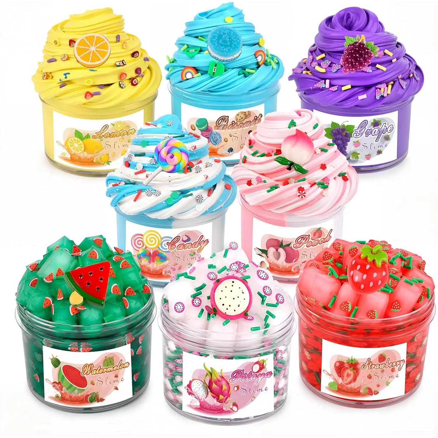 8 Pack Scented Slime kit with 3 Clear and 5 Butter Slime,Peach Super Soft Non-Sticky,Jelly Cube Crunchy Crystal, Birthday Party Favor,Stress Relief Toy for Kids Education