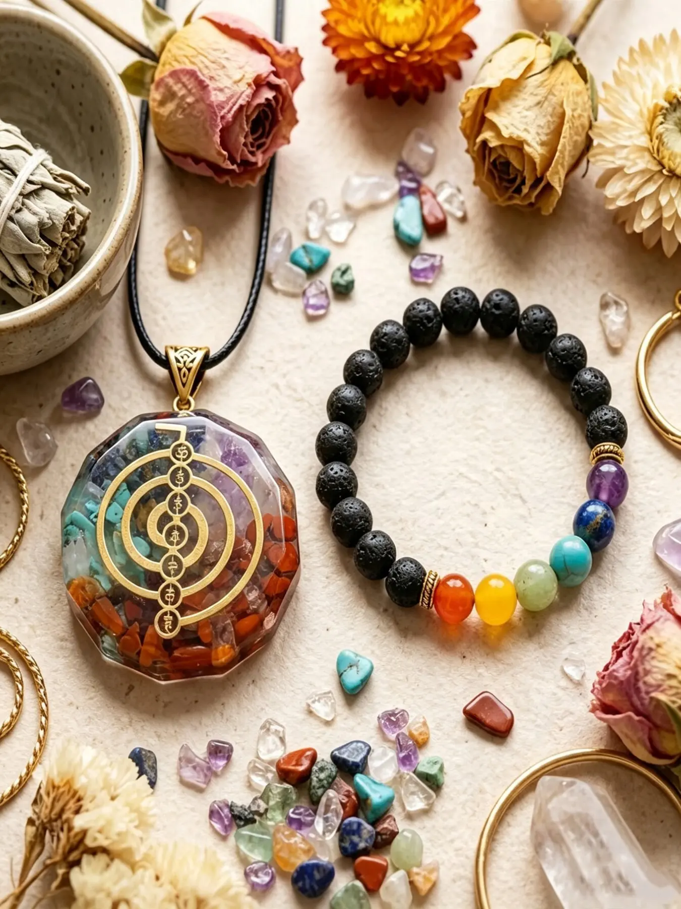 4-Piece Set 7 Chakra Orgonite Jewelry Kit, Sacred Geometry Pendant & Rainbow Stone Bracelet, Meditation Accessories, Yoga Gift