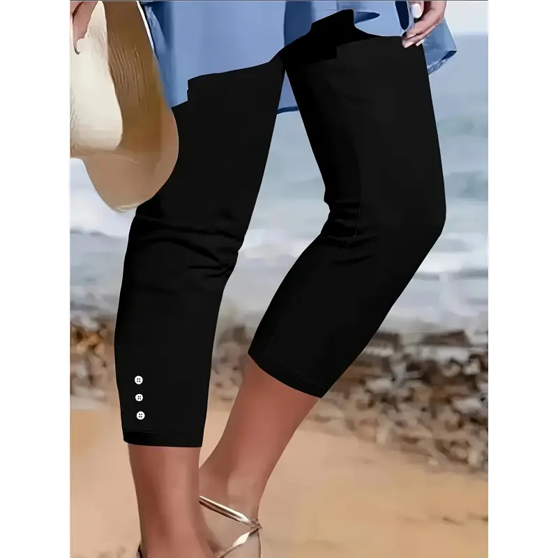 [Elegant Capri Pants] Elegant Stretchy Women's Capri Pants| Solid Color, Button-Front Design, Machine Washable, Non Fabric, Spring/Summer Casual to Dressy Trousers