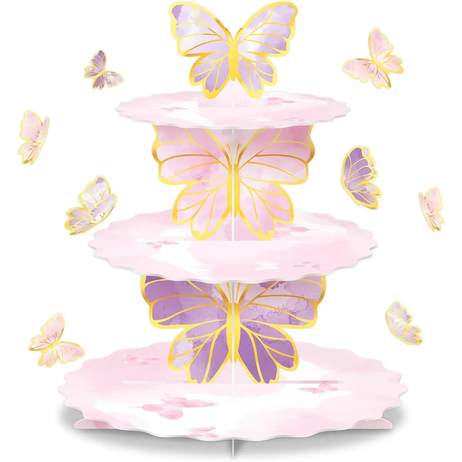 3 Tier Butterfly Cupcake Stand with  Cardboard Toppers | Decorative butterfly design,  for topping cupcakes at birthdays, parties and  tables